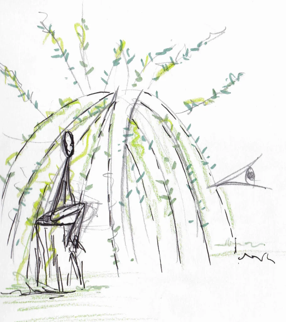 Croquis d'une cabane en saule tressé