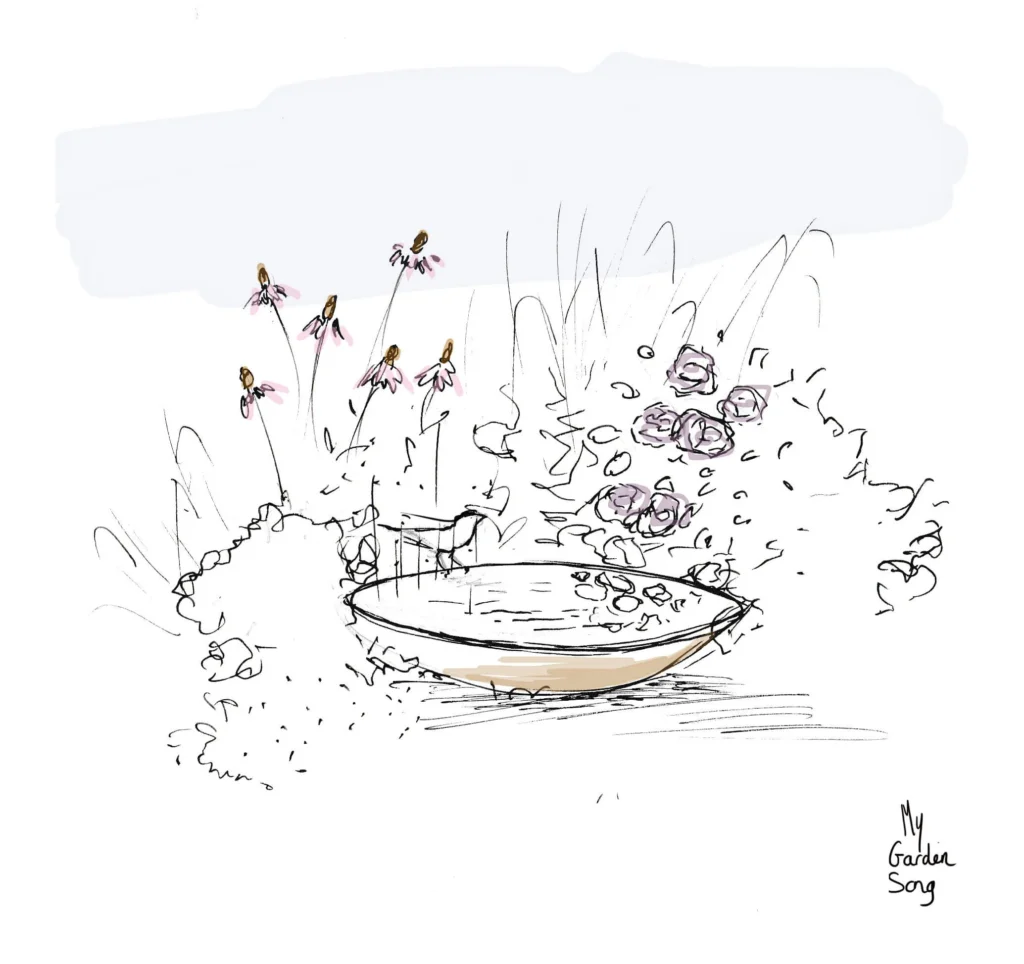 Croquis jardin anglais avec écuelle pour abreuver les oiseaux