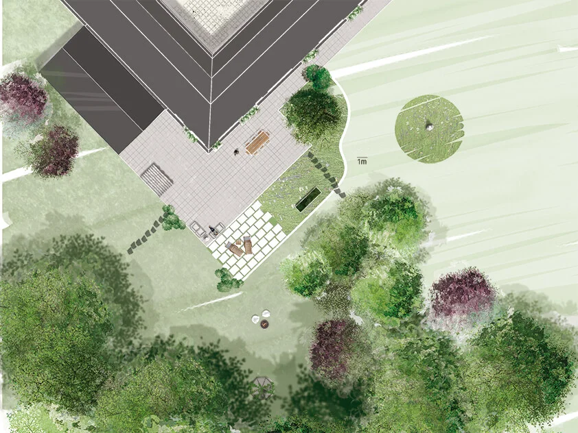 plan de masse d'un jardin de corps de ferme rénovée qui mélange ancien et moderne, charme romantique