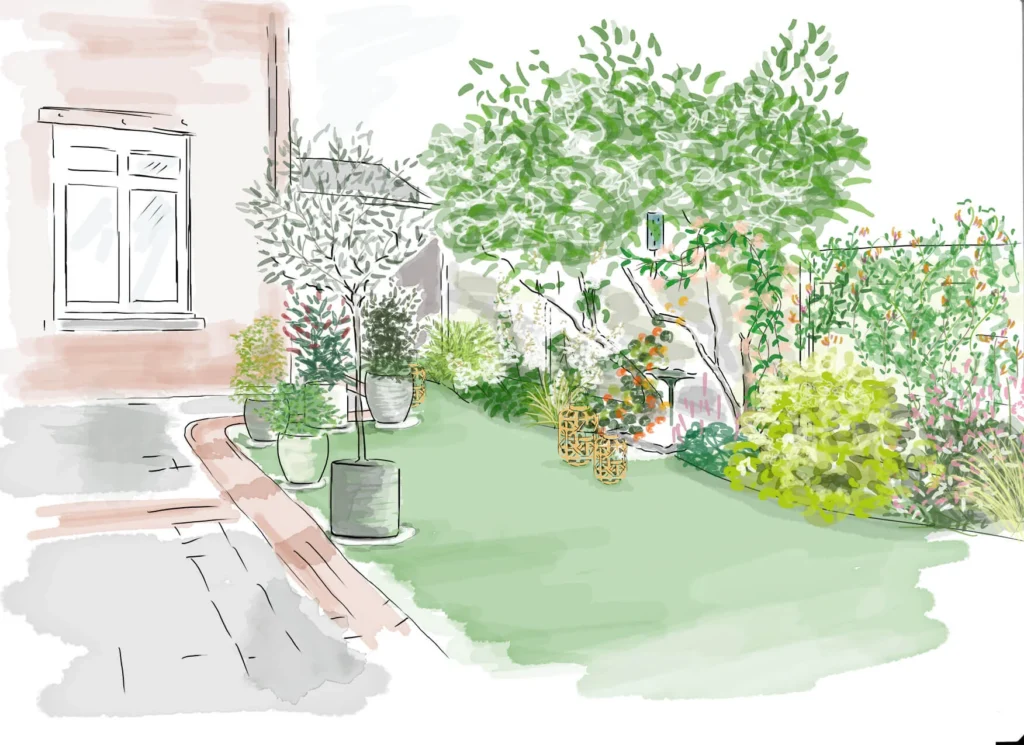 Perspective jardin avec pot et chemin