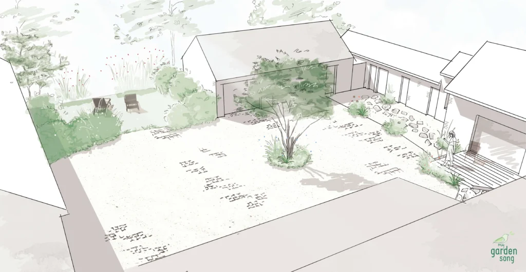 perspective d'un corps de ferme esprit cottage anglais avec espace carrossable et massifs intégrés