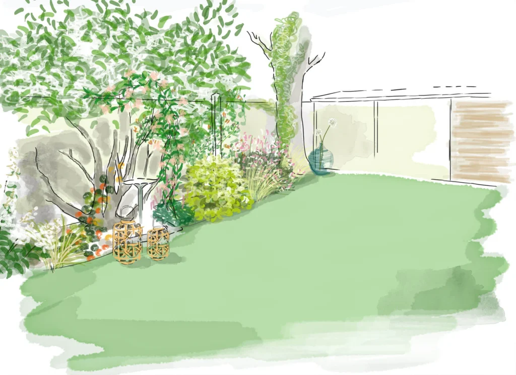 Perspective jardin sous les arbres
