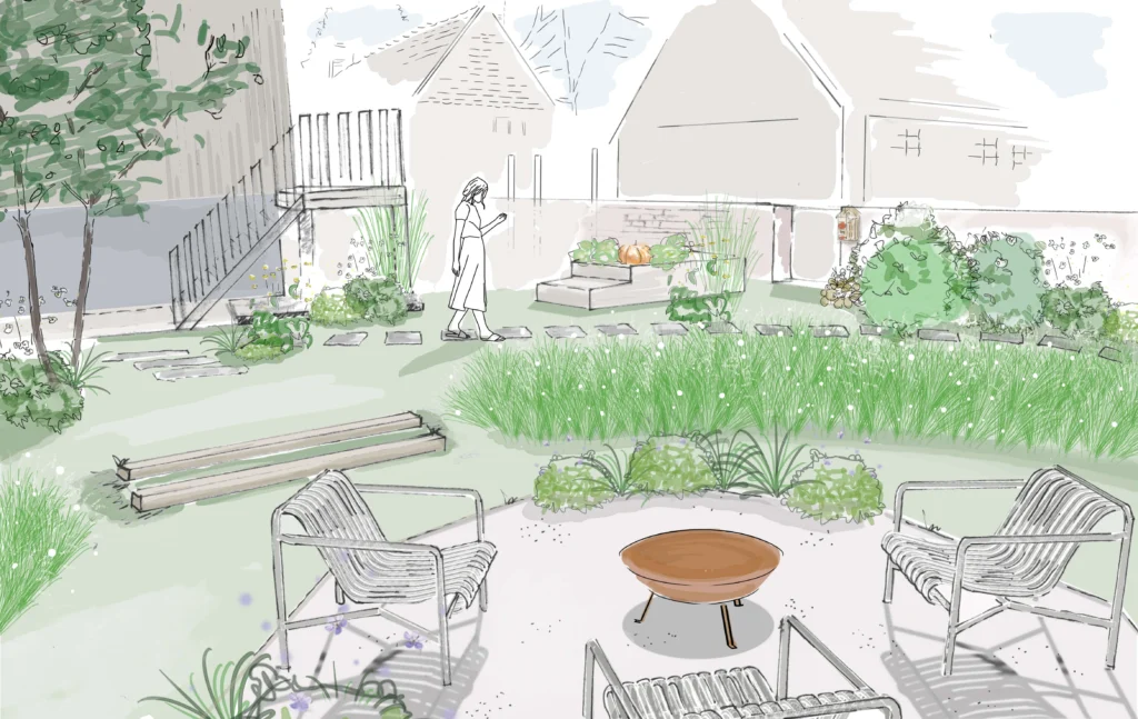perspective avec espace brasero, marches, potager et prairie fleurie en fauche tardive
