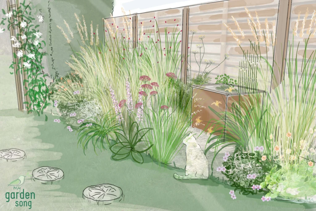 Perspective 3d en couleur avec graminées et plantes couvre sol. Une fontaine en acier corten
