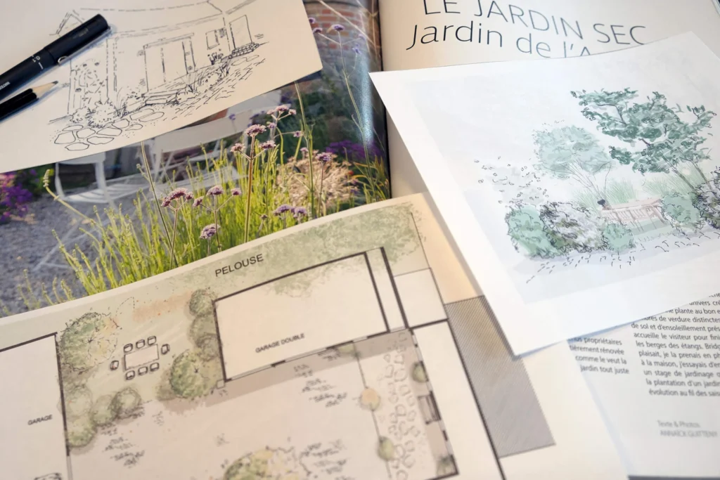 Conception avec plans de masse, croquis, perspective 3d et palette végétale